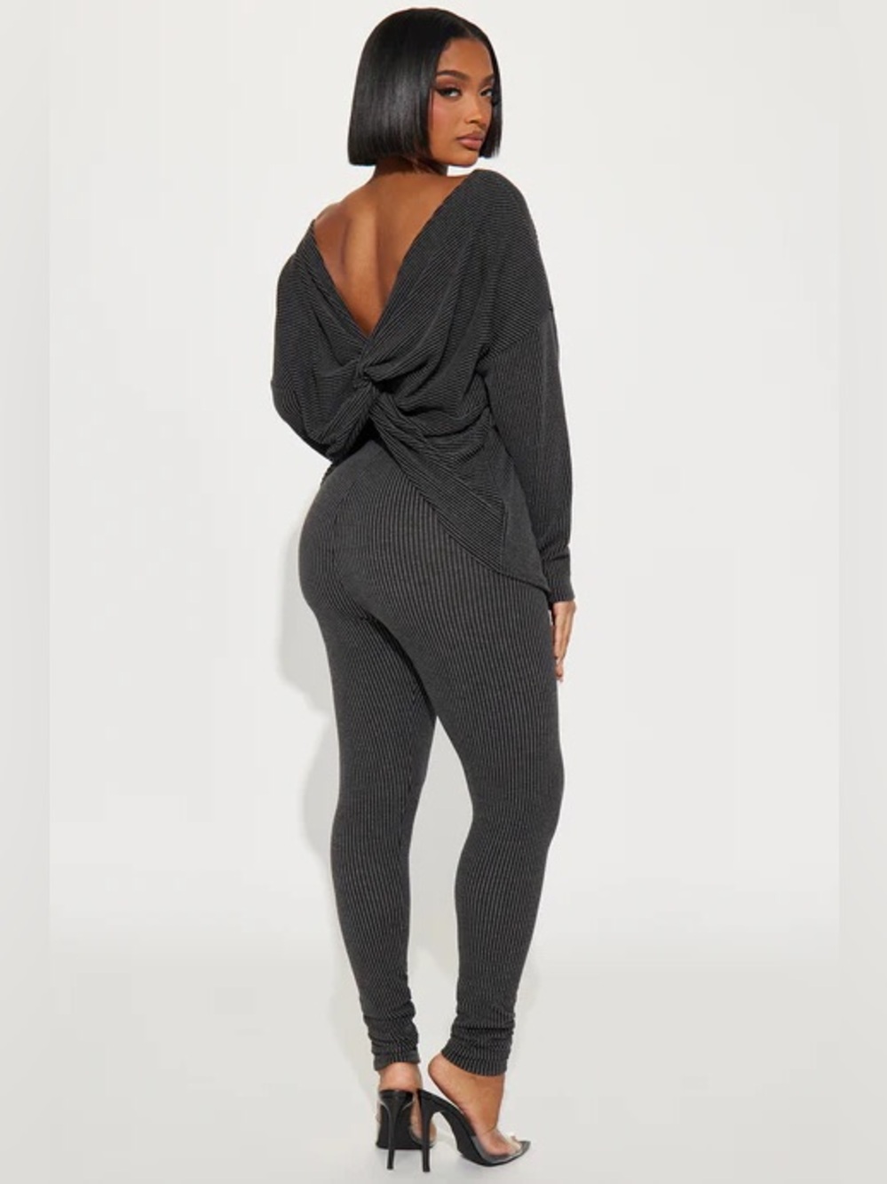 Fashion Nova Charcoal Ribbed Open-Back 2pc pant set NWT